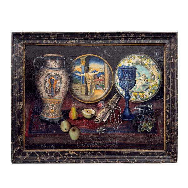 Natura morta con maioliche, frutta, perle e spartito