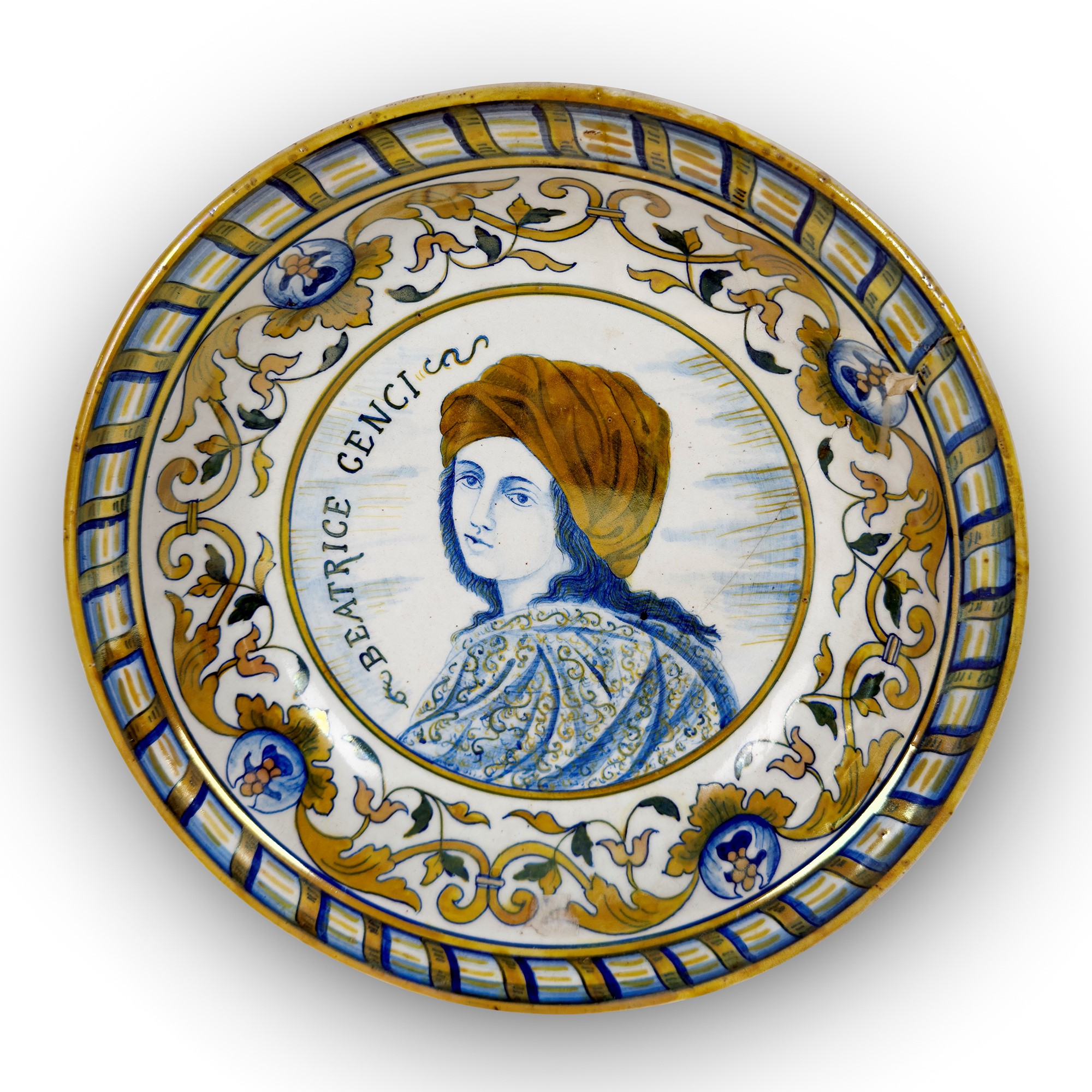 Sei piatti e una ciotola in maiolica bianca e policroma in parte a lustro, Italia Centrale