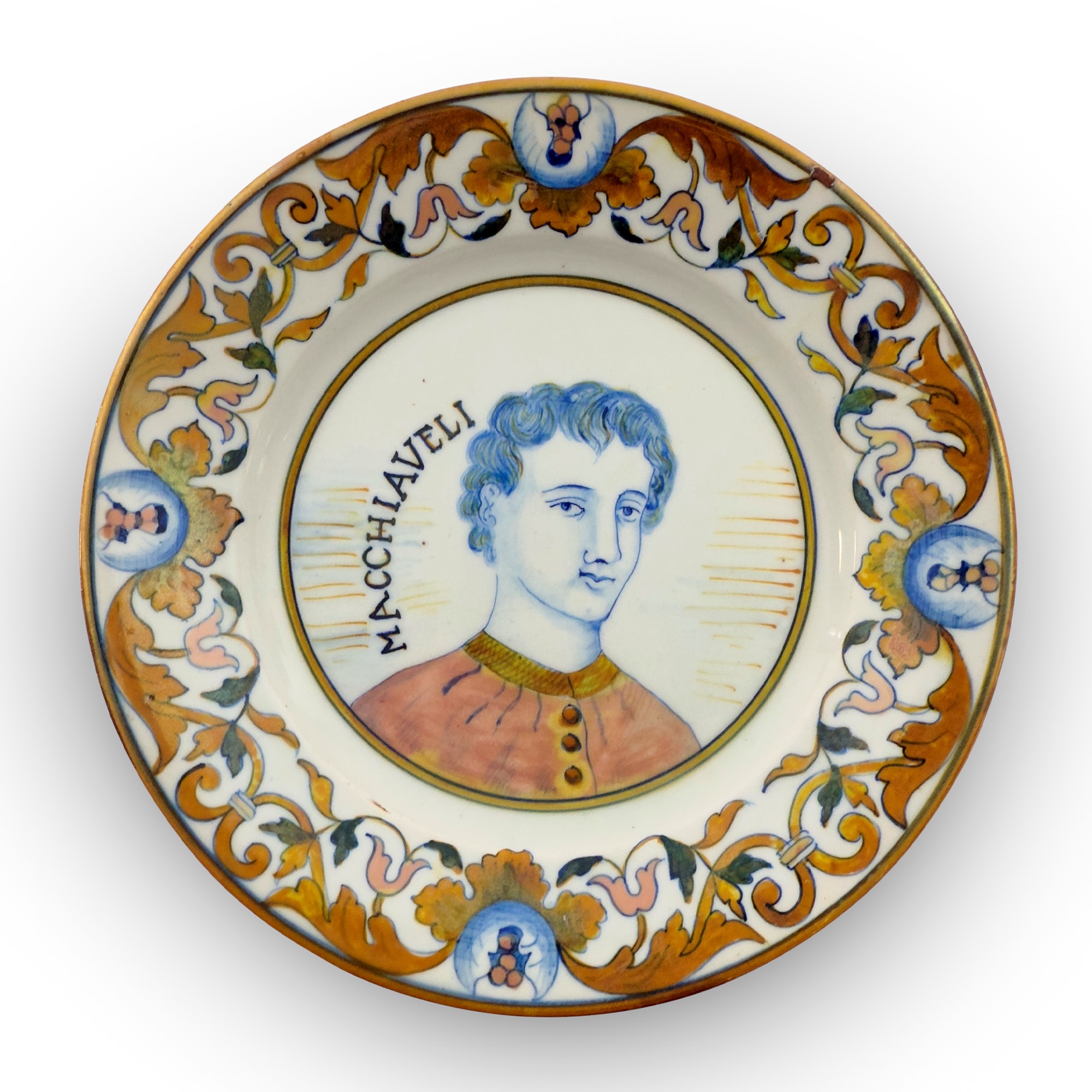 Sei piatti e una ciotola in maiolica bianca e policroma in parte a lustro, Italia Centrale