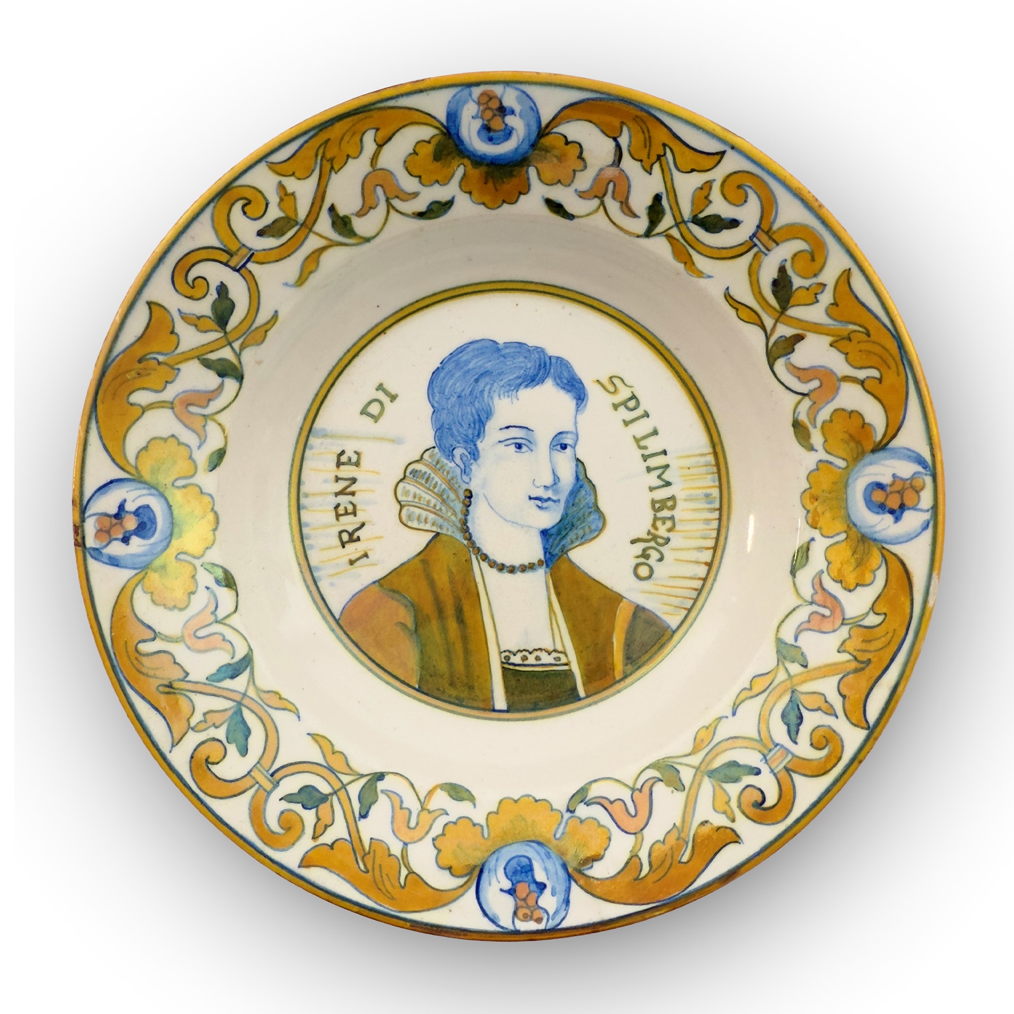 Sei piatti e una ciotola in maiolica bianca e policroma in parte a lustro, Italia Centrale