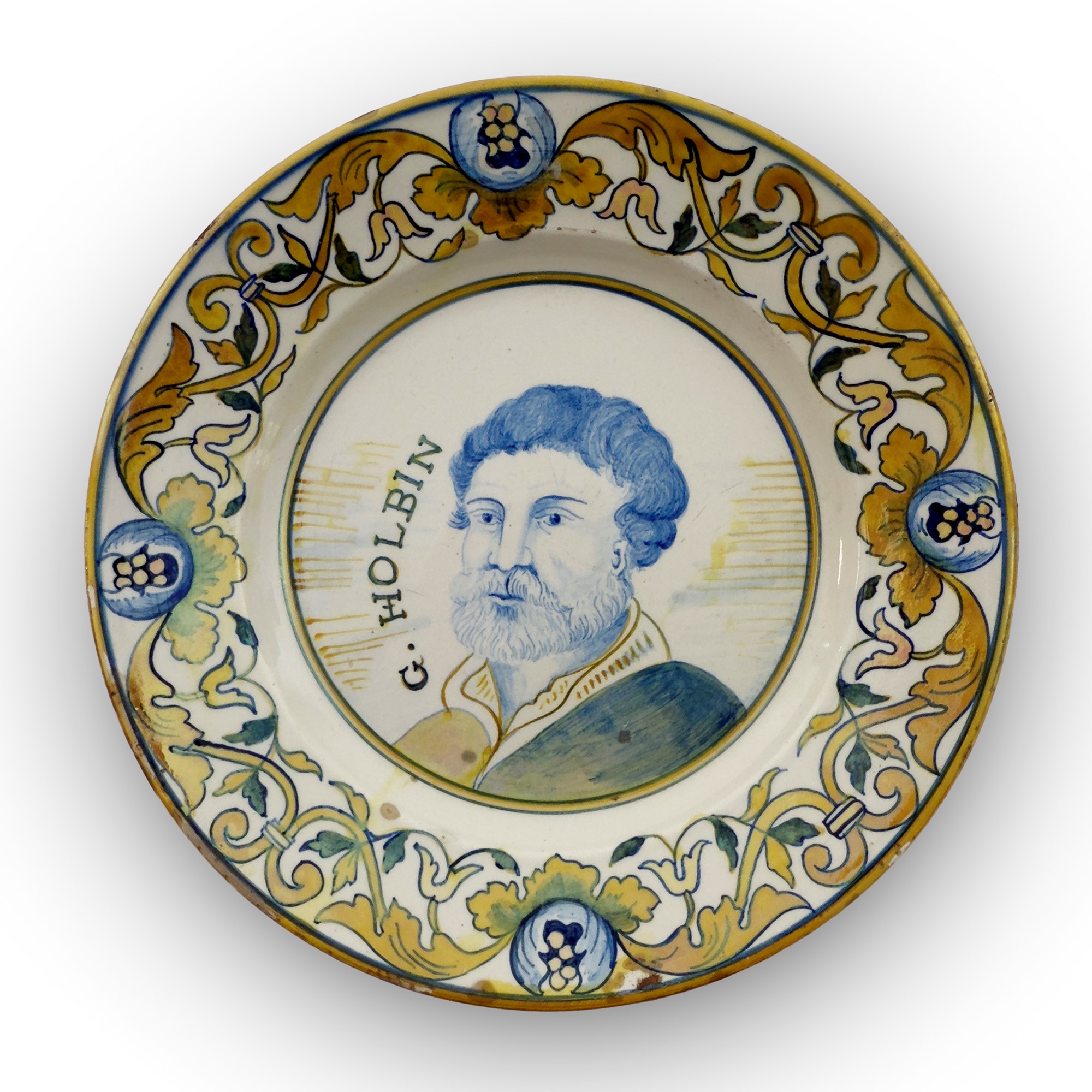 Sei piatti e una ciotola in maiolica bianca e policroma in parte a lustro, Italia Centrale