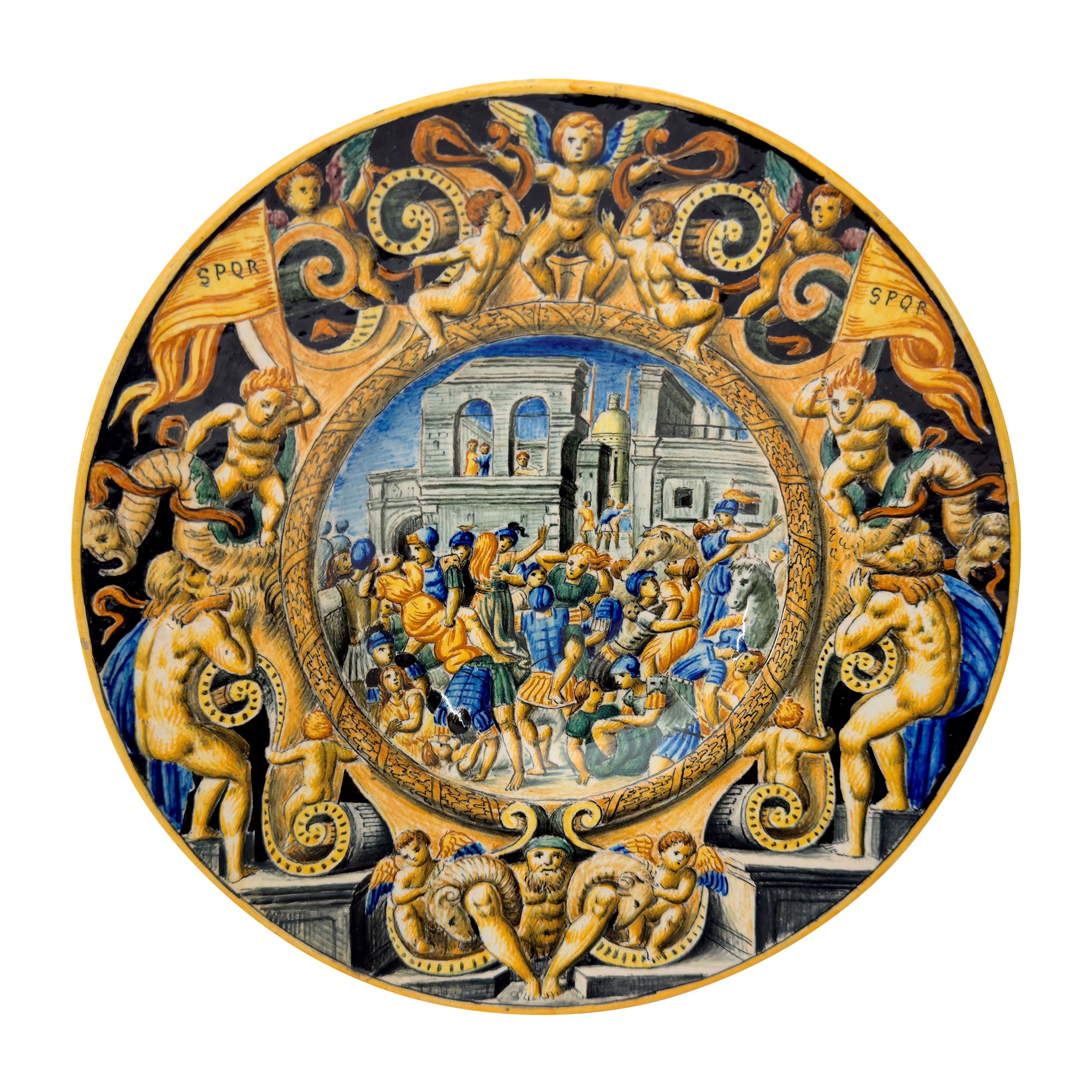 Due piatti istoriati in maiolica policroma, uno Pesaro, Molaroni