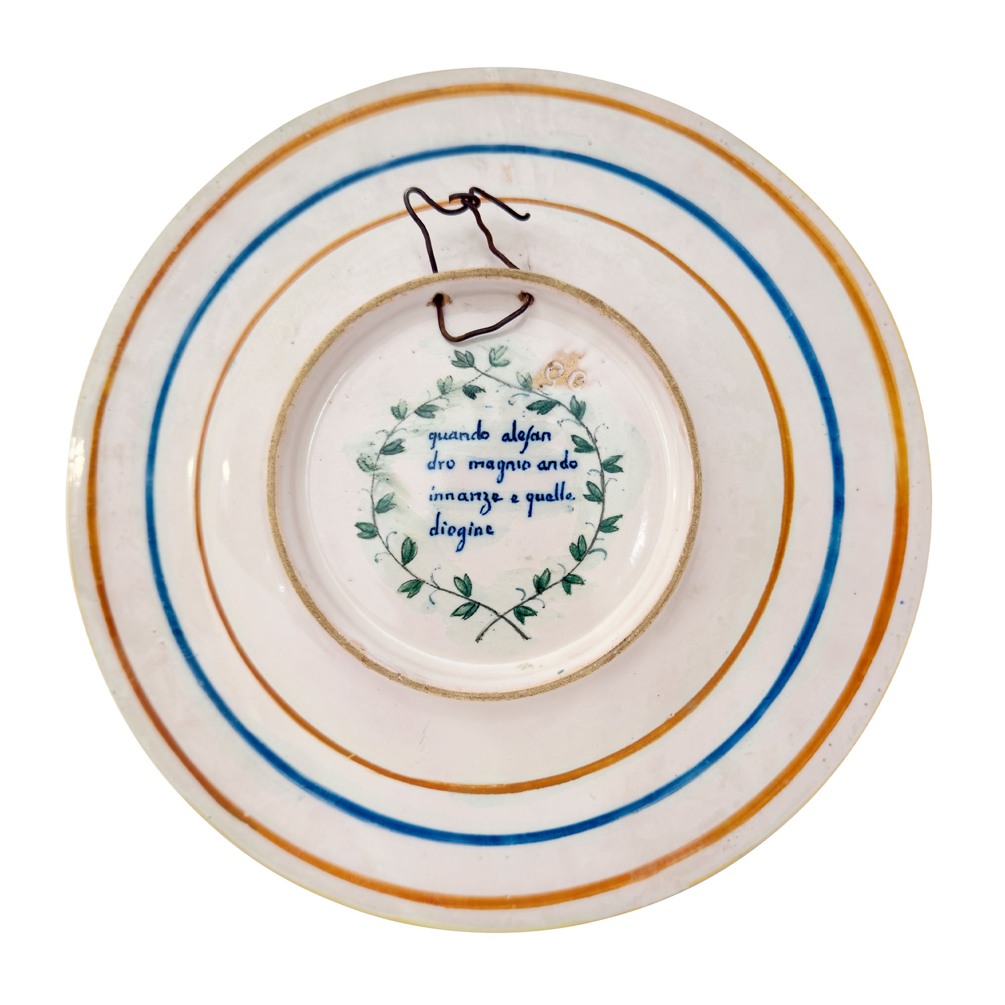 Due piatti istoriati in maiolica policroma, uno Pesaro, Molaroni