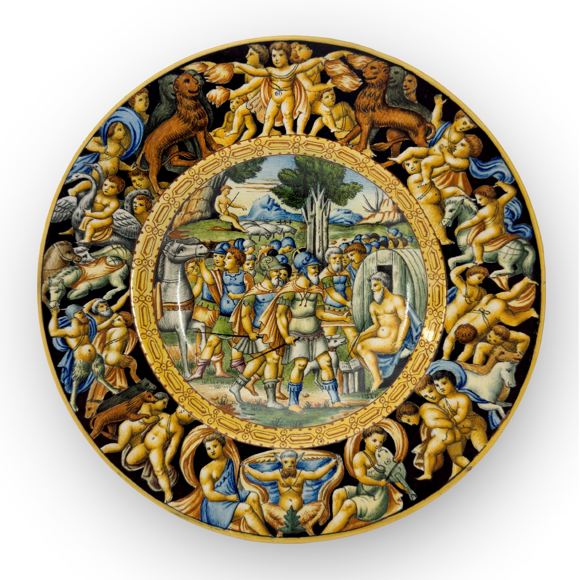 Due piatti istoriati in maiolica policroma, uno Pesaro, Molaroni