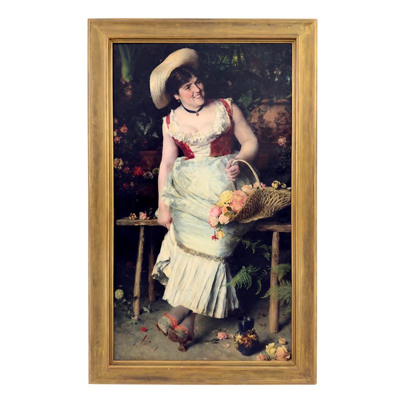 Francesco Vinea - Gentildonna con Cesto di Fiori in un Giardino, 1884