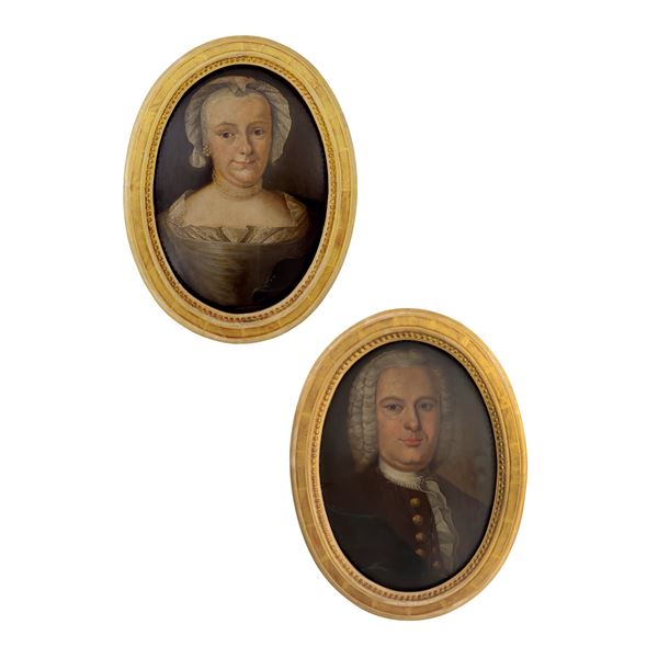 Ritratti di coniugi, coppia di oli su rame bombato a sesto ovale, XVIII secolo