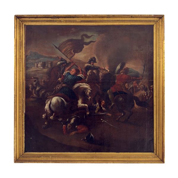 Antonio Calza (ambito) : Antonio Calza (cerchia), Scena di combattimento fra turchi e cristiani  (Verona 1653 - 1714)  - Asta L'eternità è il mare mischiato con il sole - Bolli & Romiti - Casa d'Aste in Roma