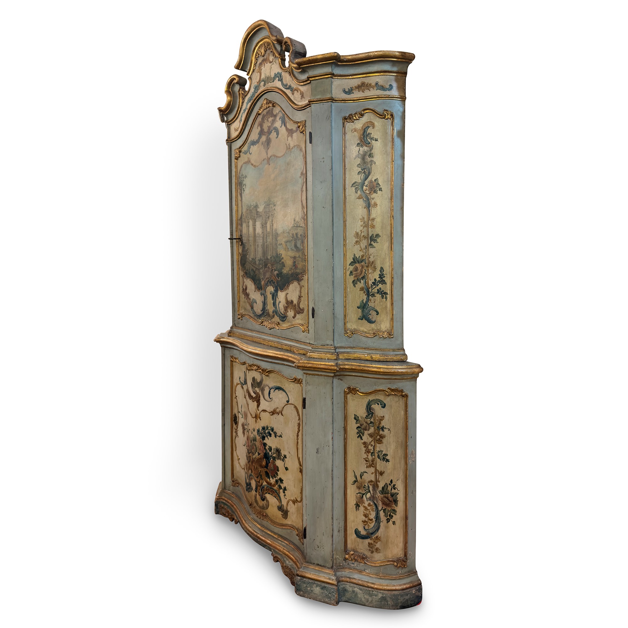 Raro Mobile a Due Corpi in Legno Laccato Azzurro, Bianco e Dipinto, Venezia, XVIII Secolo