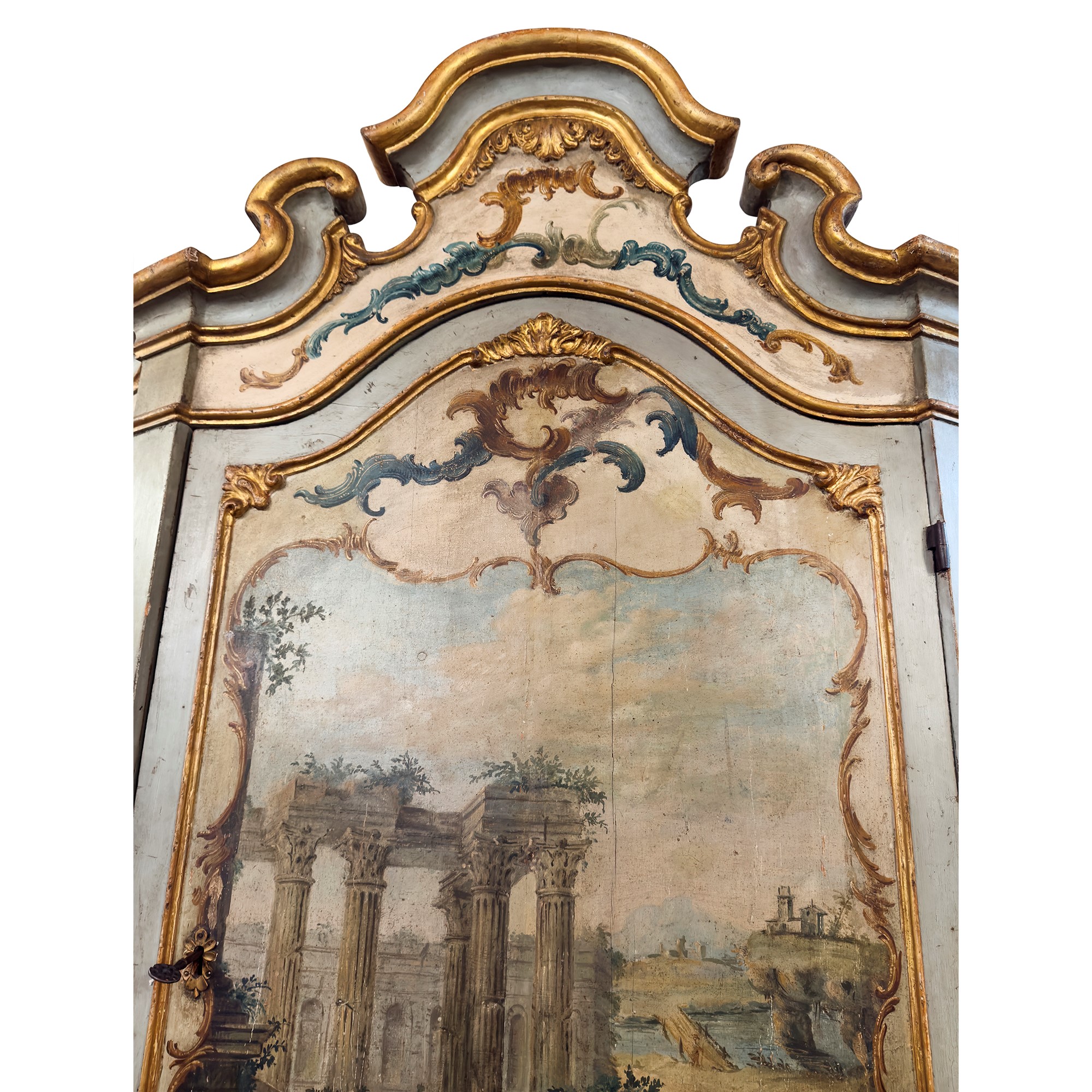 Raro Mobile a Due Corpi in Legno Laccato Azzurro, Bianco e Dipinto, Venezia, XVIII Secolo