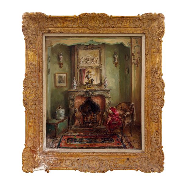 Interno di salotto con camino acceso, inizi del XX secolo