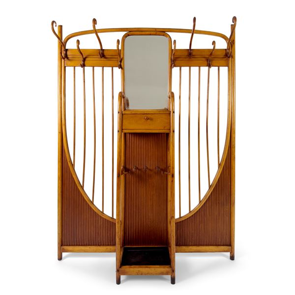 Attaccapanni da muro con specchio in faggio incurvato a fuoco, Thonet