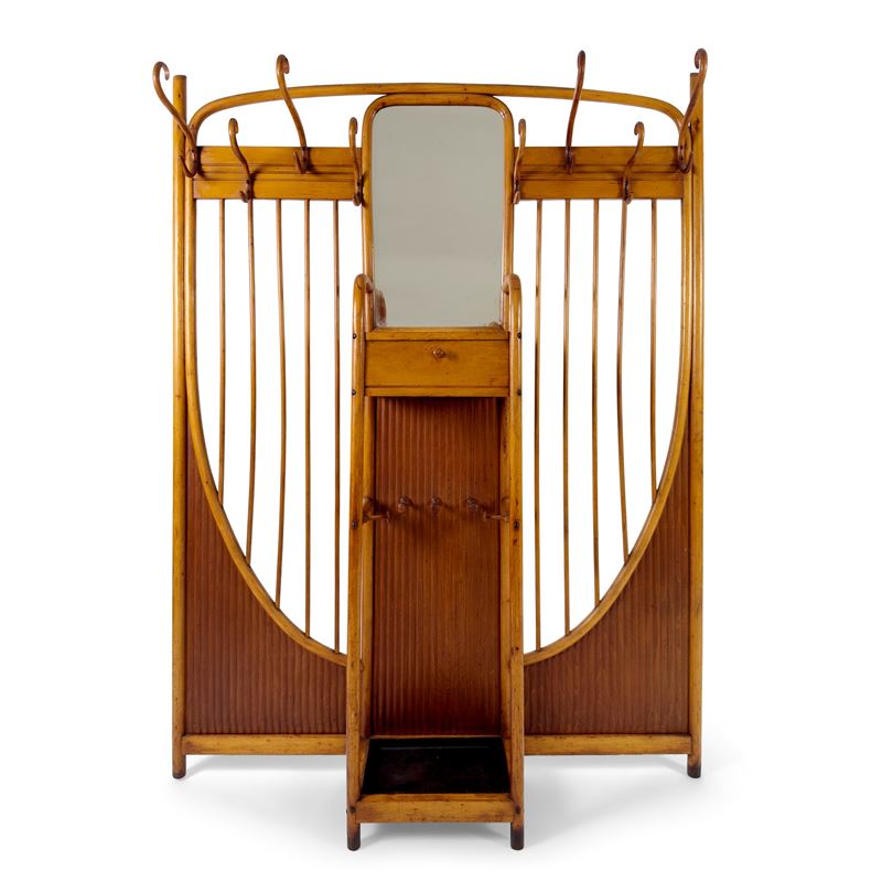 Attaccapanni da muro con specchio in faggio incurvato a fuoco, Thonet