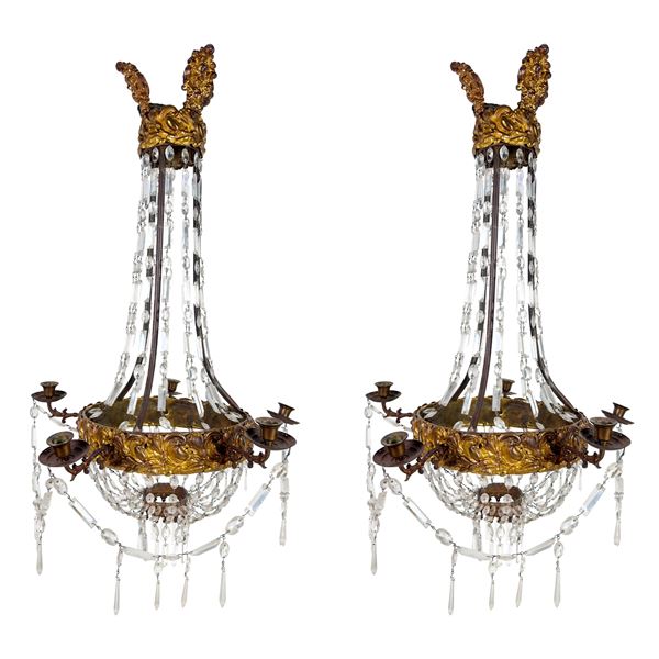 Coppia di lampadari a mongolfiera a cinque luci, XIX secolo  - Asta L'eternità è il mare mischiato con il sole - Bolli & Romiti - Casa d'Aste in Roma