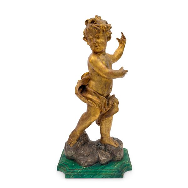 Figura di putto in legno scolpito, dorato e argentato, Roma, XVII secolo