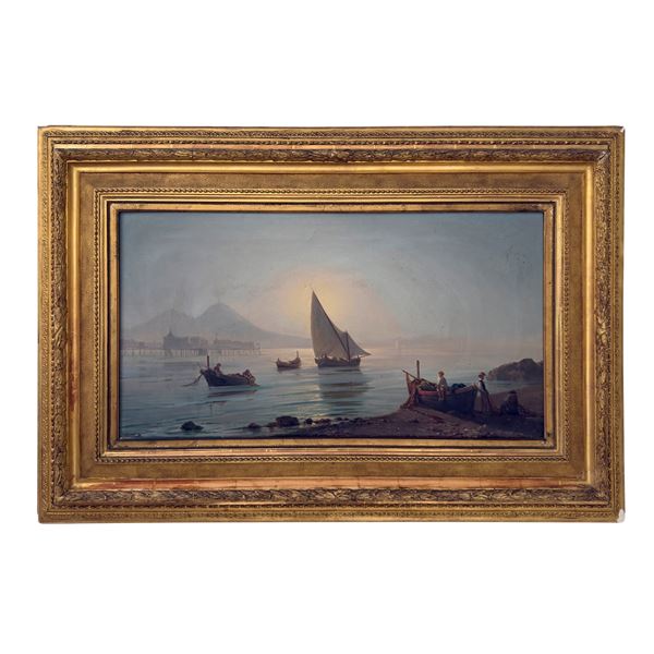 A.Simonetti, Il golfo di Napoli al tramonto, XIX secolo  - Asta L'eternità è il mare mischiato con il sole - Bolli & Romiti - Casa d'Aste in Roma
