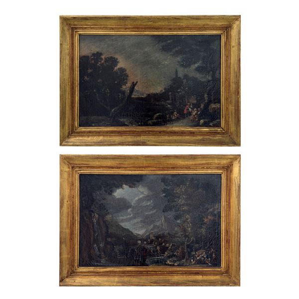 Paesaggio fluviale con figure / Paesaggio con figure e rovine, XVIII secolo