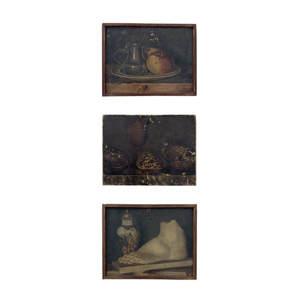 Tre piccole nature morte a olio su tela, XIX secolo