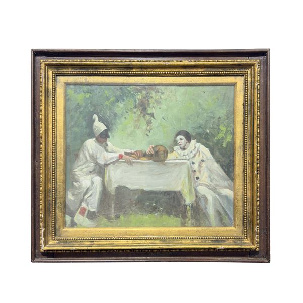 Luca Postiglione : Luca Postiglione, Pulcinella e Pierrot si contendono un mandolino  (Napoli 1876 - 1936)  - Asta L'eternità è il mare mischiato con il sole - Bolli & Romiti - Casa d'Aste in Roma