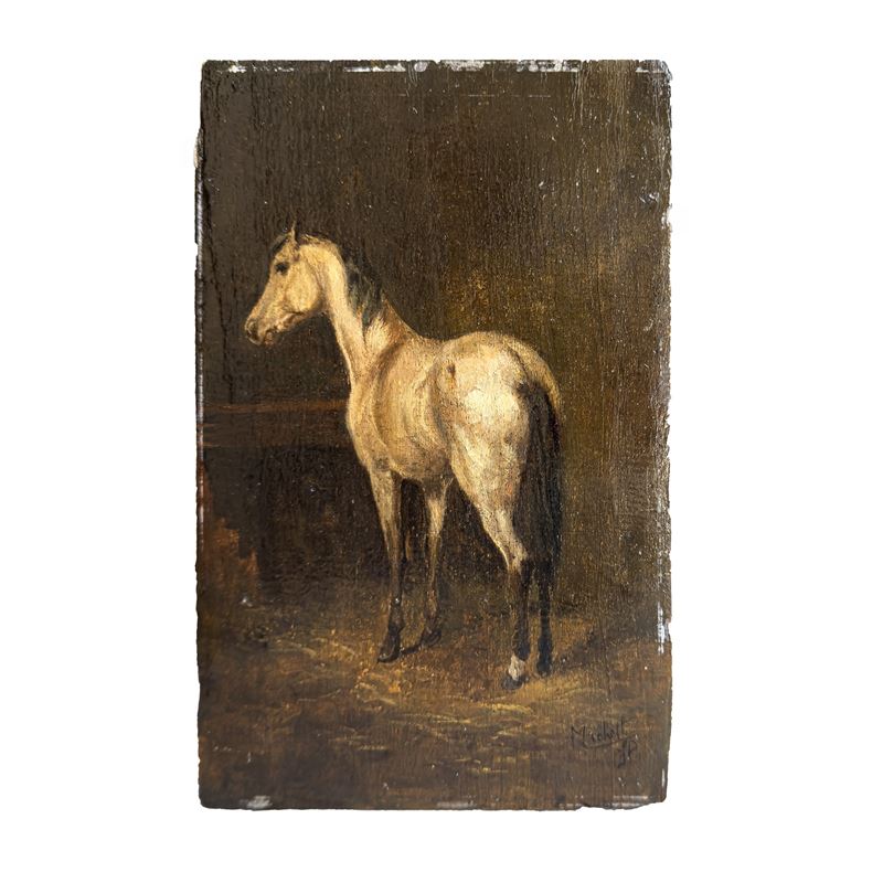 Francesco Paolo Michetti (attribuito), Cavallo nella stalla, olio su tavoletta