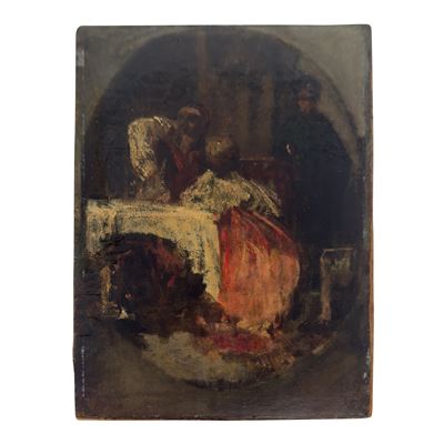 Bernardo Celentano (attr.), Figure in un interno, olio su tela applicata su cartone
