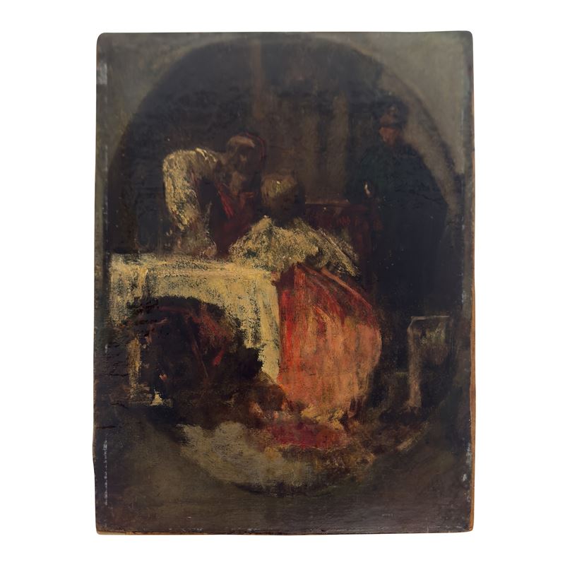 Bernardo Celentano (attr.), Figure in un interno, olio su tela applicata su cartone