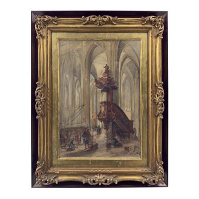 Achille Vianelli, Interno di chiesa, acquerello su carta, 1885