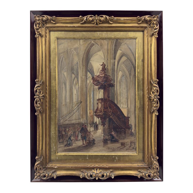 Achille Vianelli, Interno di chiesa, acquerello su carta, 1885