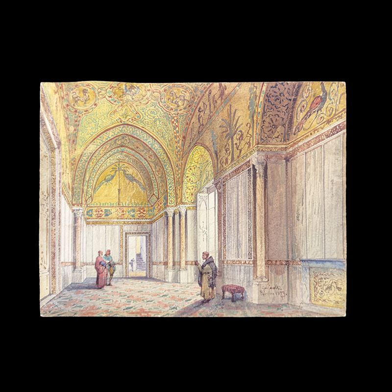 Gabriele Carelli, Interno della sala di Re Ruggiero al Palazzo Reale di Palermo, acquarello su ca...