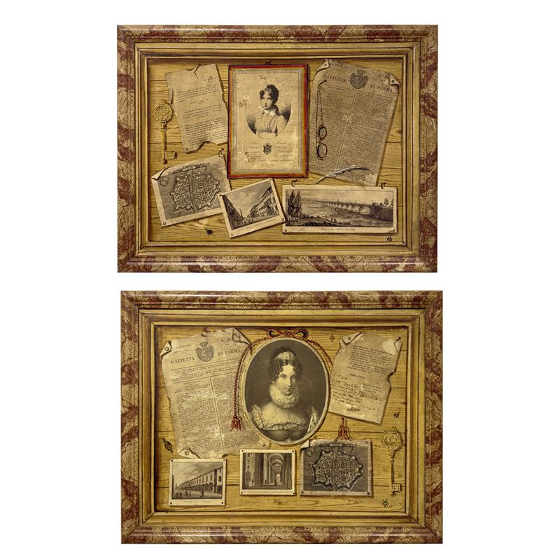 Coppia di trompe-l'oeil relativi al ducato di Parma