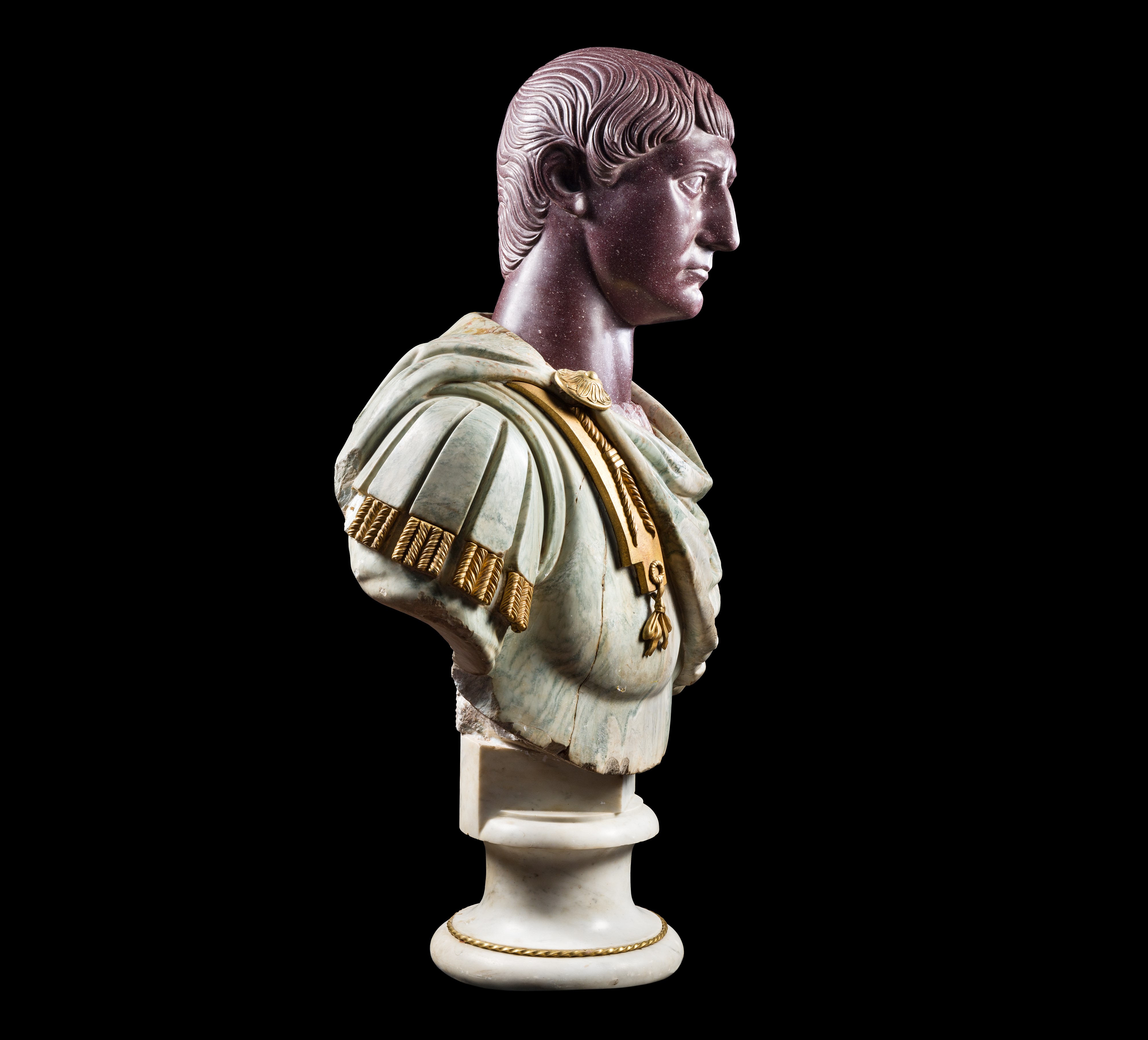Busto dell'imperatore Traiano, porfido imperiale e bronzo dorato