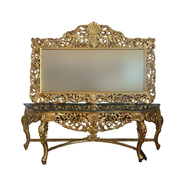 Grande console con specchiera in legno dorato