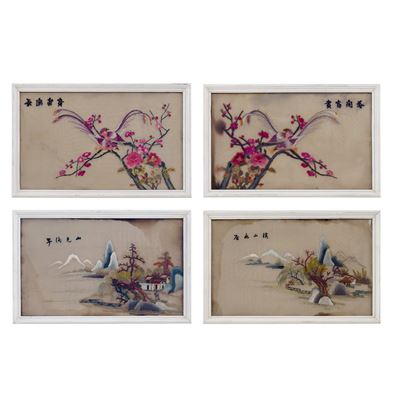 Pannelli decorativi in stoffa ricamata, Cina, rami di pruno e paesaggi orientali