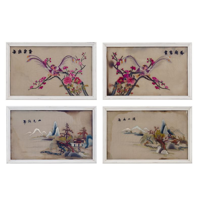 Pannelli decorativi in stoffa ricamata, Cina, rami di pruno e paesaggi orientali