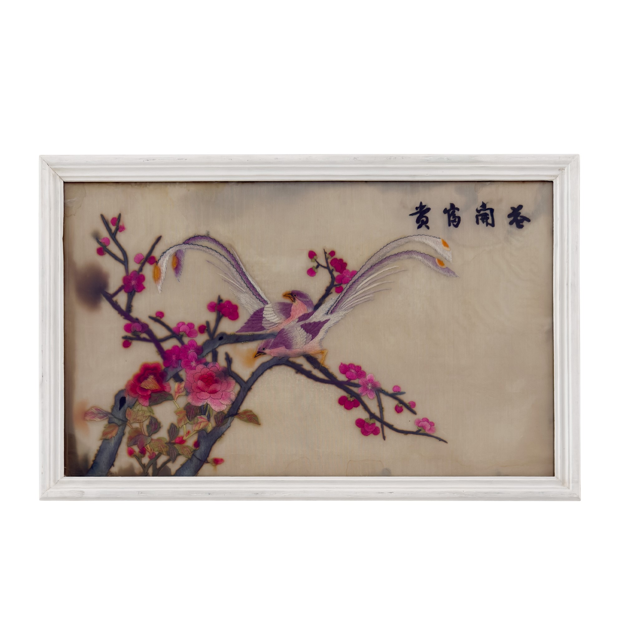 Pannelli decorativi in stoffa ricamata, Cina, rami di pruno e paesaggi orientali