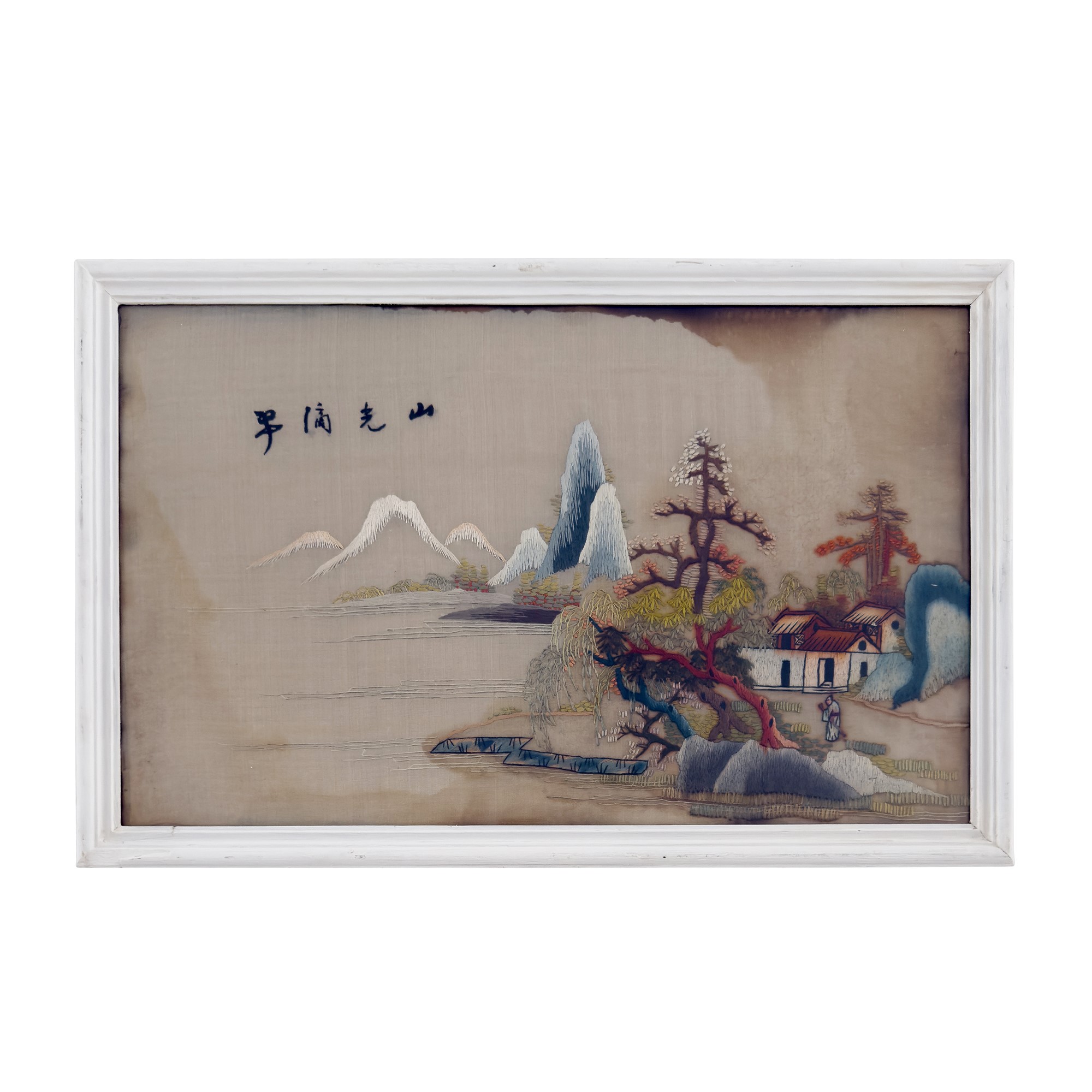 Pannelli decorativi in stoffa ricamata, Cina, rami di pruno e paesaggi orientali