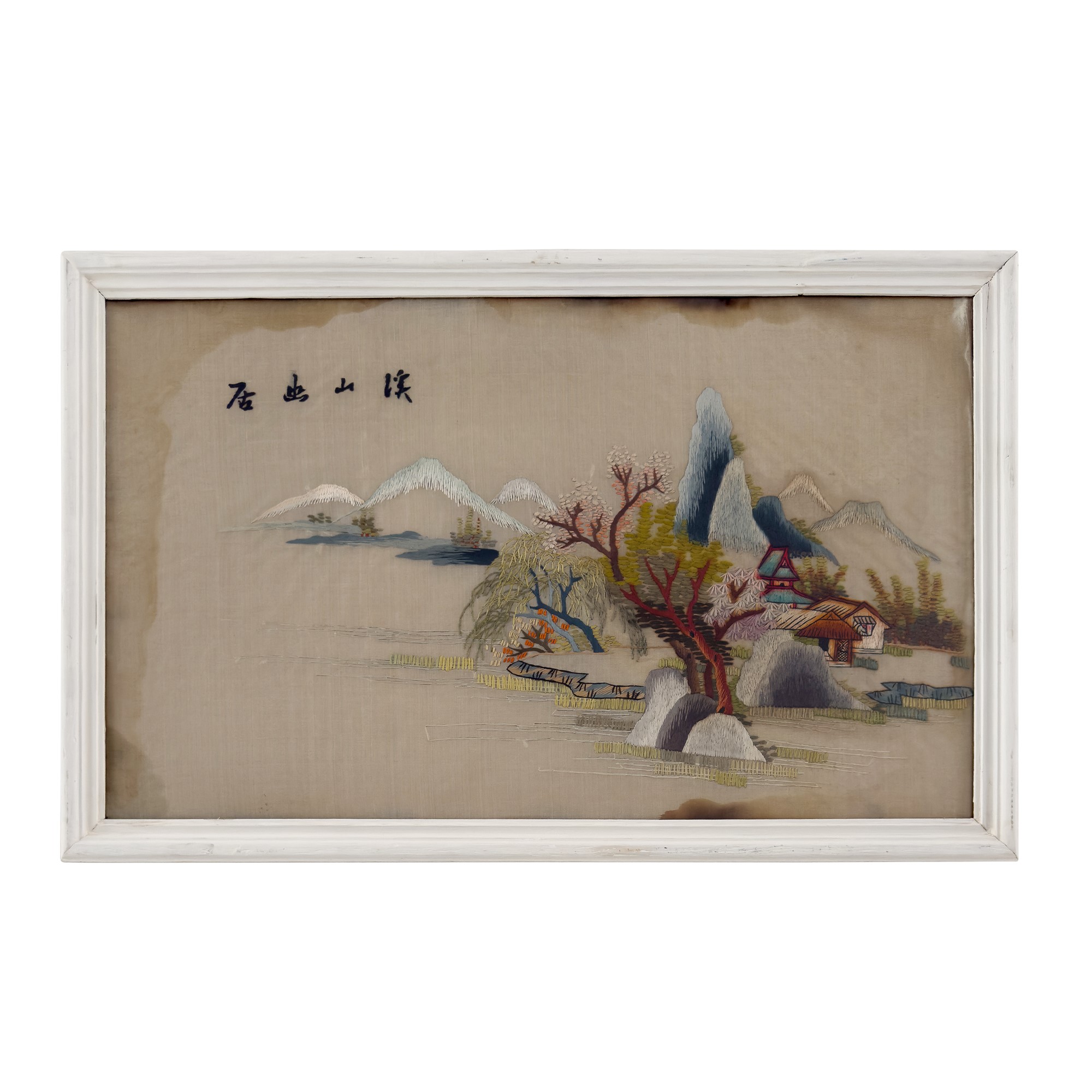 Pannelli decorativi in stoffa ricamata, Cina, rami di pruno e paesaggi orientali