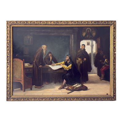 Domenico Battaglia (attribuito), Cristoforo Colombo discute la sua partenza, olio su tela