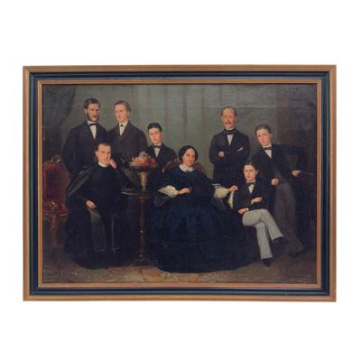 Ritratto di famiglia in un interno, olio su tela, XIX secolo