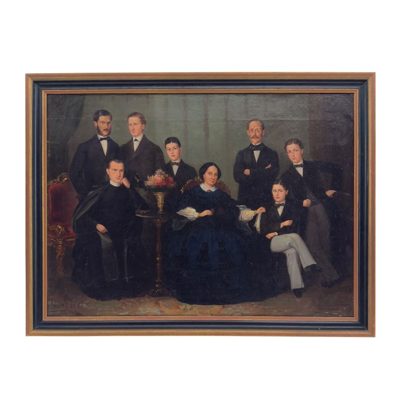Ritratto di famiglia in un interno, olio su tela, XIX secolo