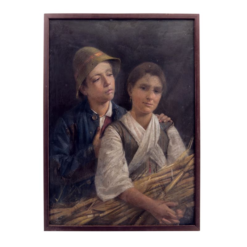 Pittore del XIX secolo, Due giovani contadini - pastelli su carta