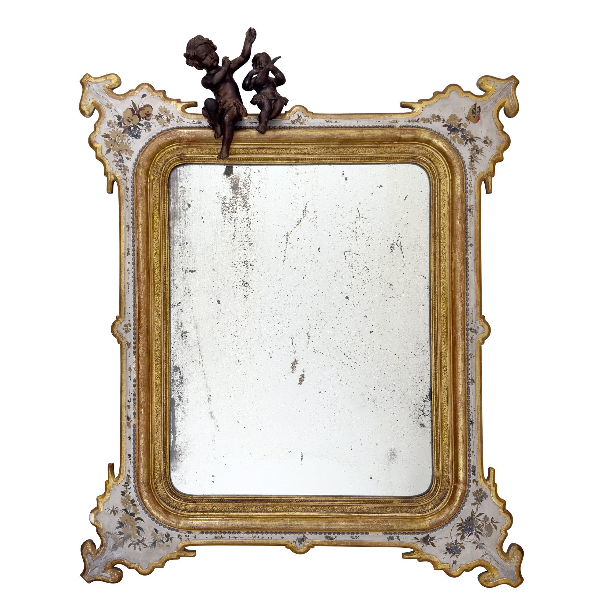 Coppia di specchiere in legno laccato grigio e dorato, Sicilia, XIX secolo