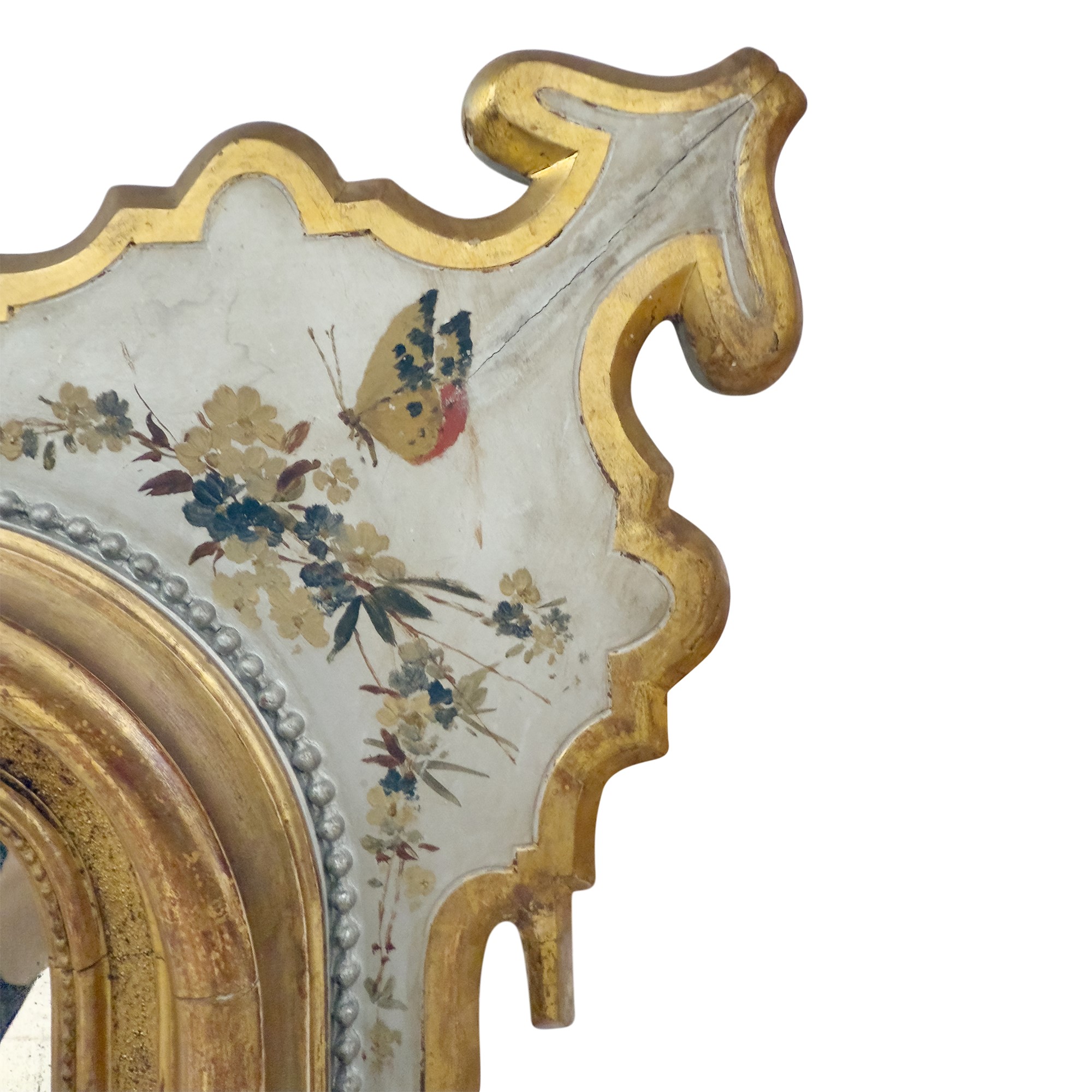 Coppia di specchiere in legno laccato grigio e dorato, Sicilia, XIX secolo