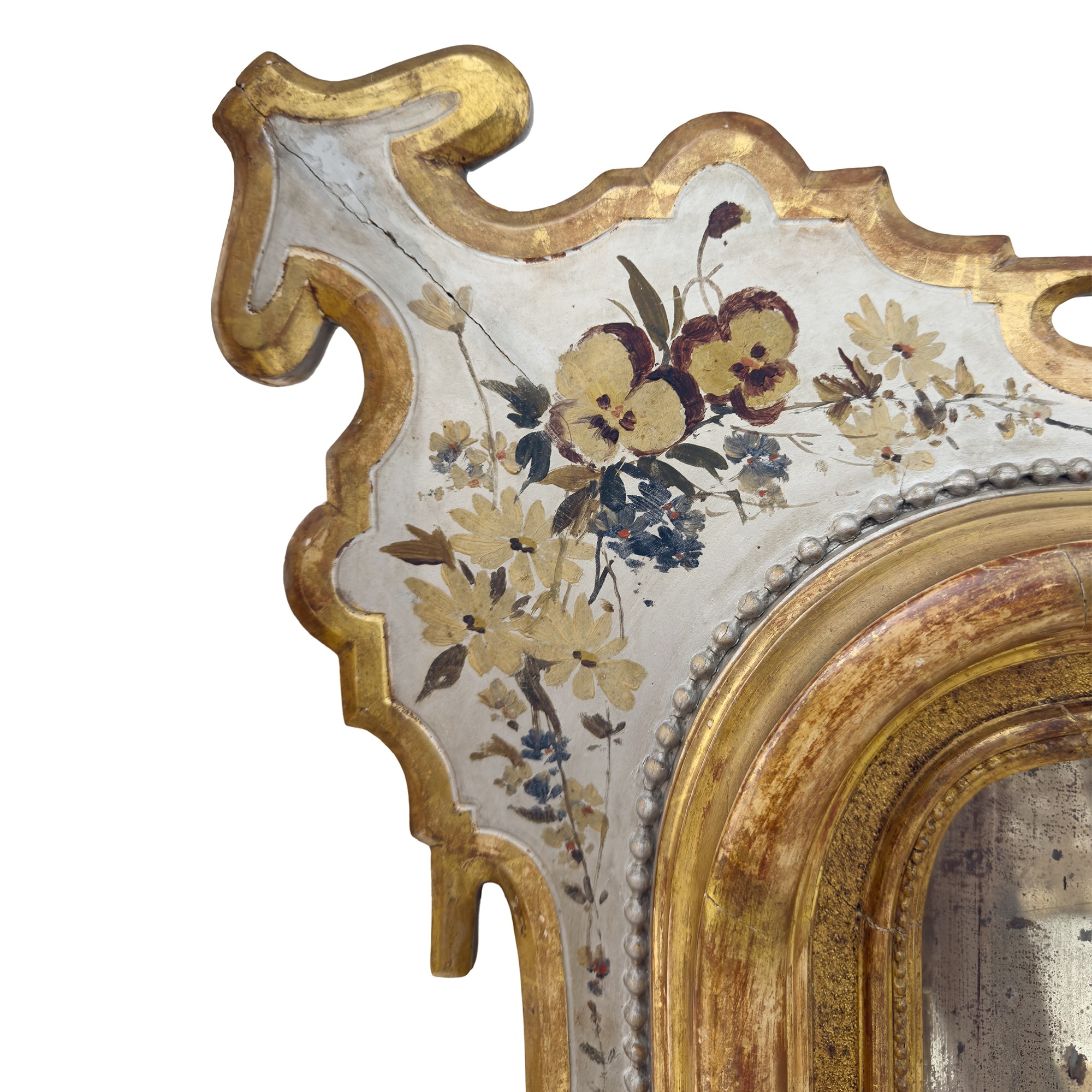 Coppia di specchiere in legno laccato grigio e dorato, Sicilia, XIX secolo