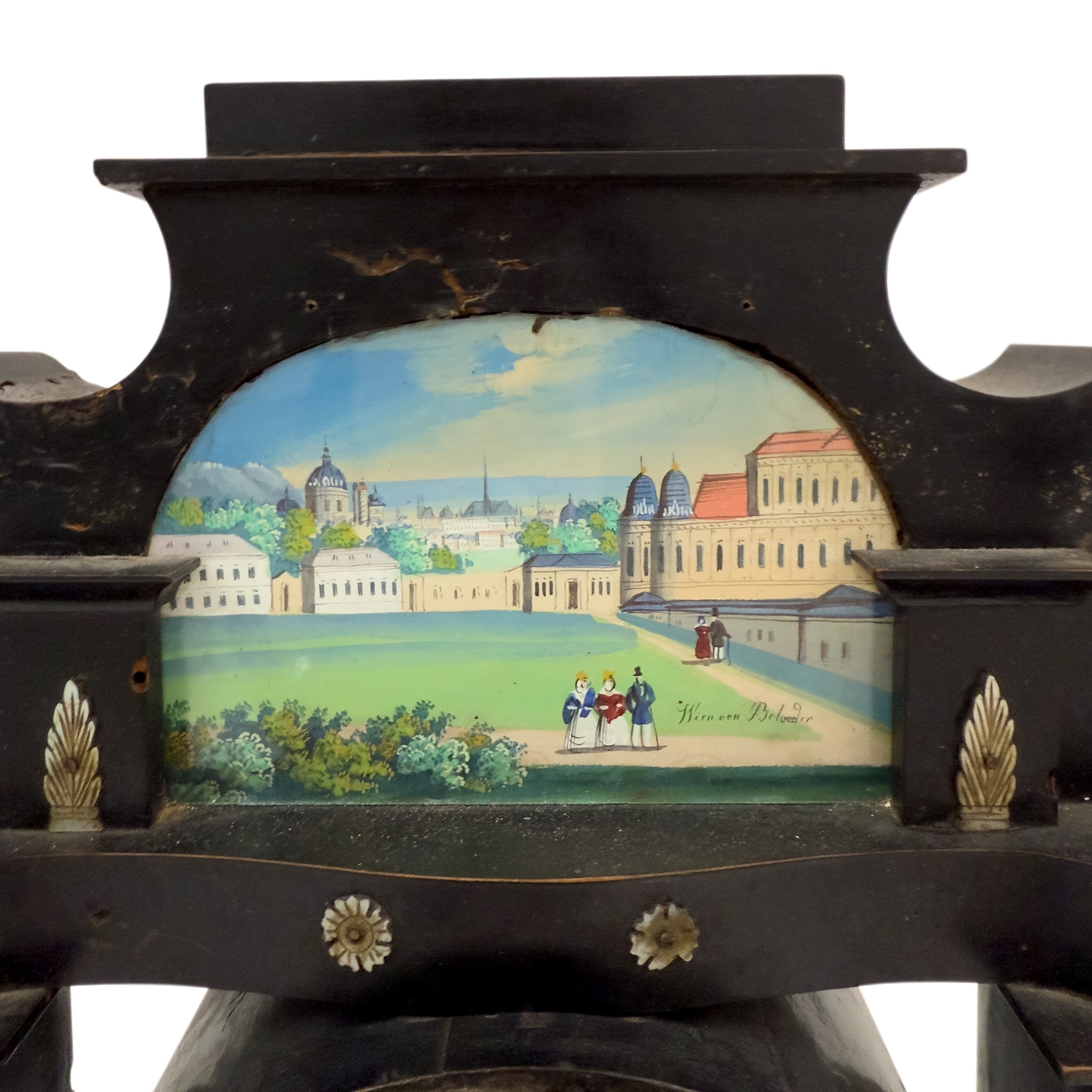 Pendola a tempietto, Vienna, XIX secolo, legno ebanizzato con colonne in alabastro