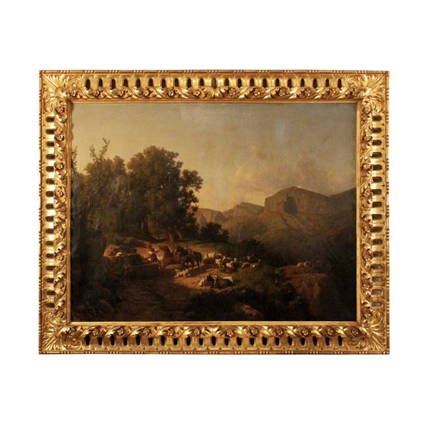 Andreas Markò, Paesaggio con pastori e gregge alla sosta, 1872