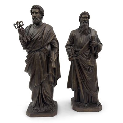 Scultore anonimo, San Pietro e San Paolo, coppia di sculture di bronzo patinato
