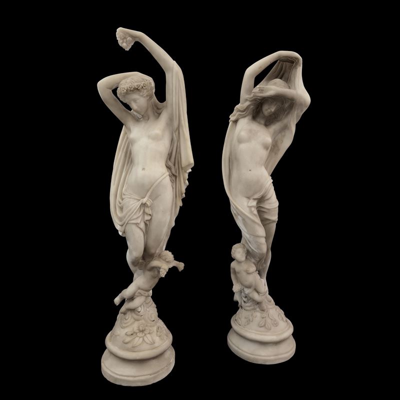 Scultori anonimi, Coppia di sculture muliebri in marmo bianco raffiguranti Il Giorno e La Notte
