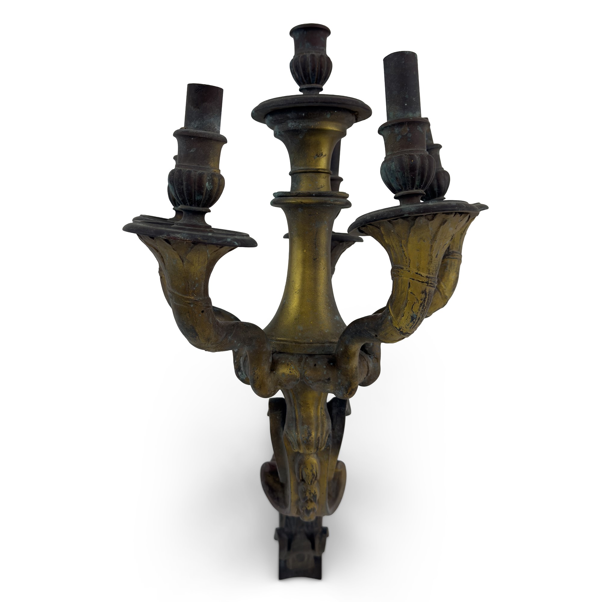 Coppia di appliques in bronzo dorato, XIX secolo, sei luci con bracci a cornucopia