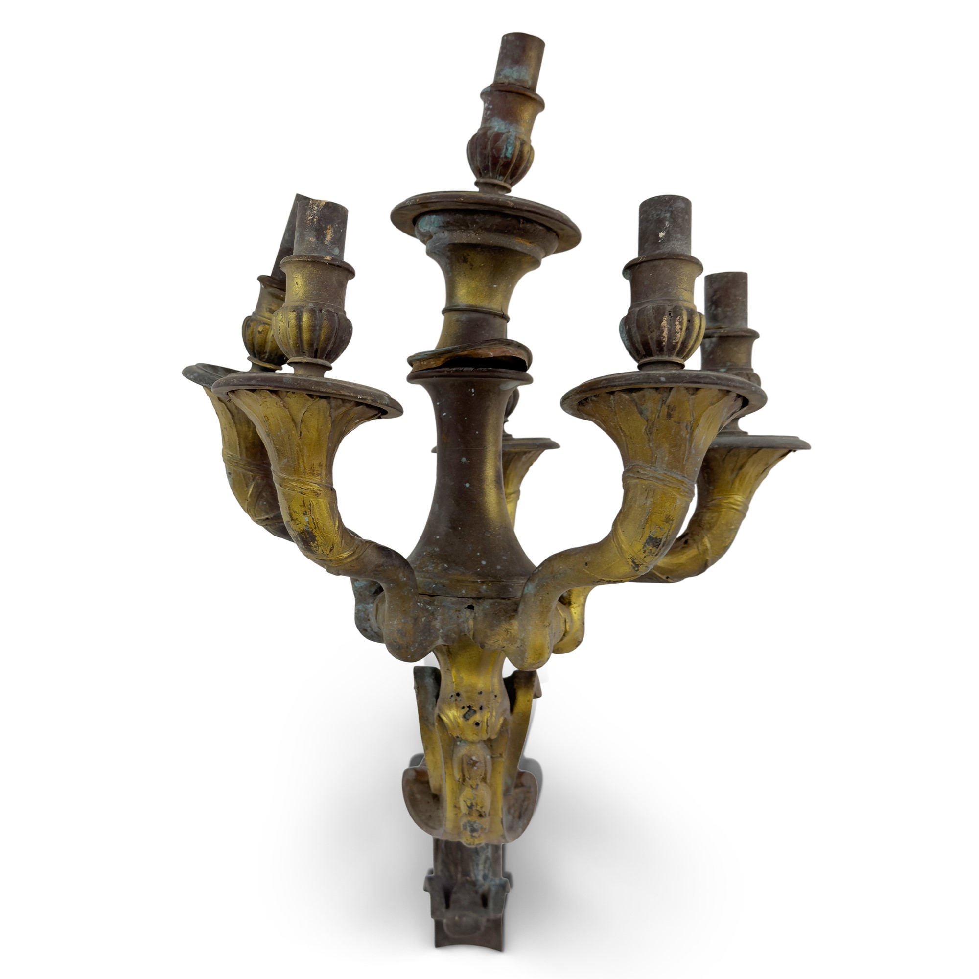 Coppia di appliques in bronzo dorato, XIX secolo, sei luci con bracci a cornucopia