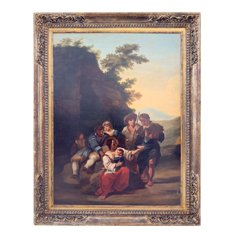 Paolo Monaldi, Paesaggio con pastori in sosta, olio su tela, cm 113x84